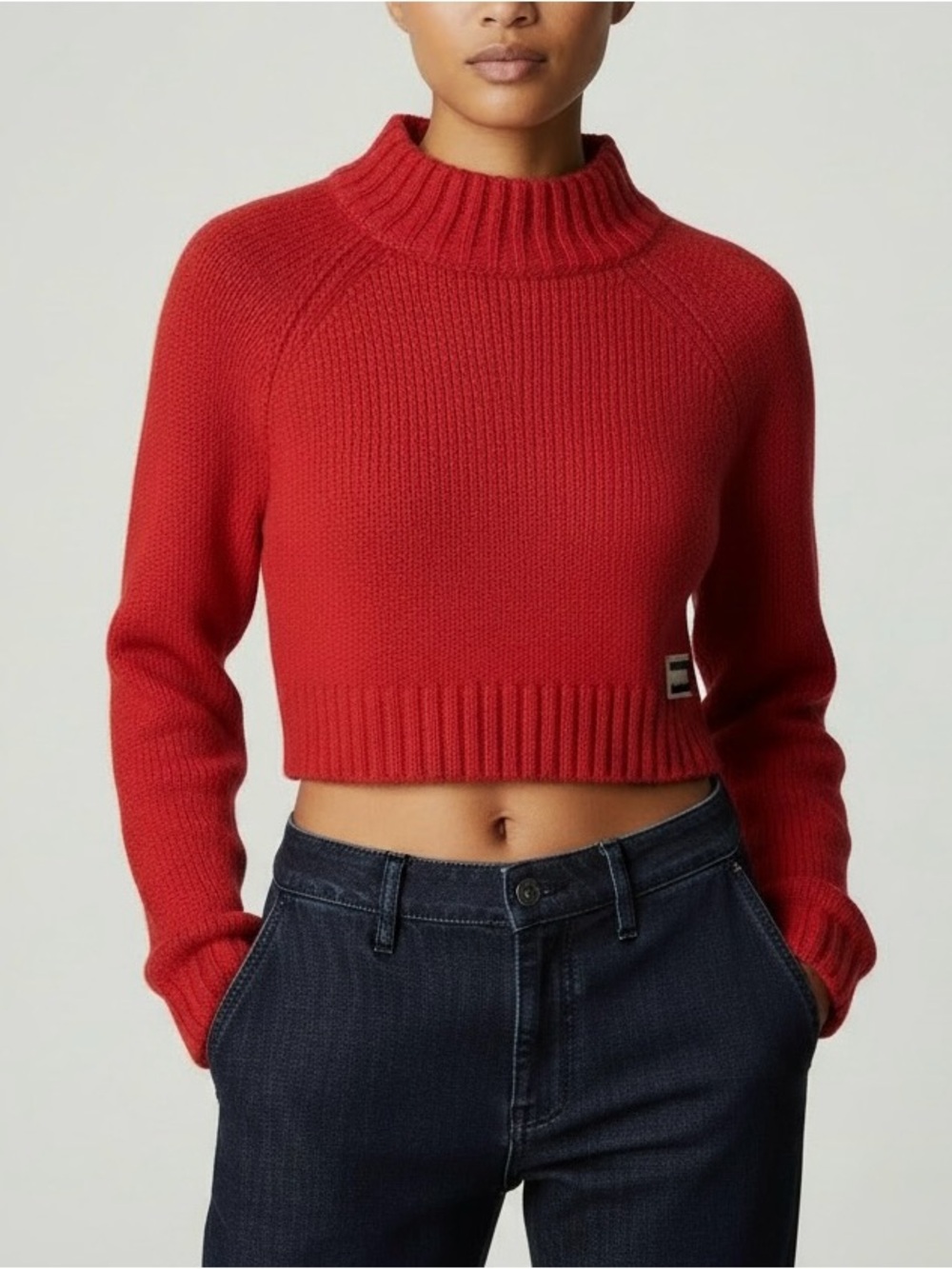 Tommy Jeans Red Cropped Mock Neck Knit Sweater - Size XS